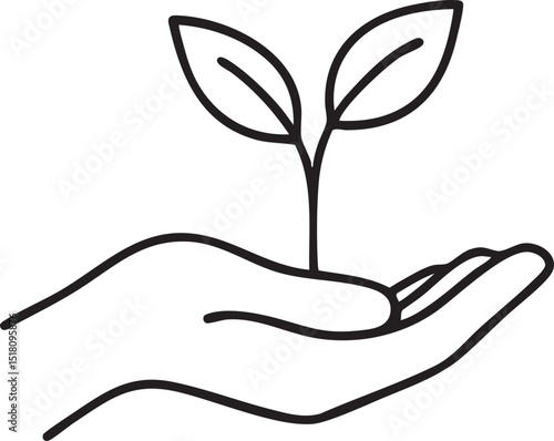 Line Art Illustration Hand Holding a Sprout Symbolizing Growth Sustainability and Environmental Awareness minimalist