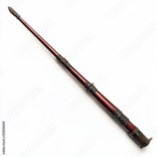 An antique wooden blowgun featu intricate metal ornamentation sits isolated against a clean white backdrop ready to be used as a prop or background element.