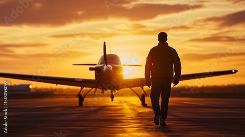 A pilot walking toward a small airplane on a runway at dawn