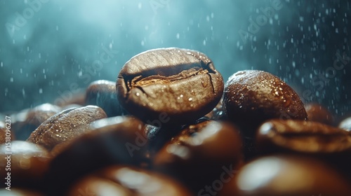 Close-up of wet coffee beans with water droplets.