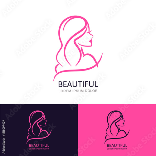 Woman profile logo. Line art female face with wavy hair. Vector emblem design for spa, beauty salon, hair care cosmetics