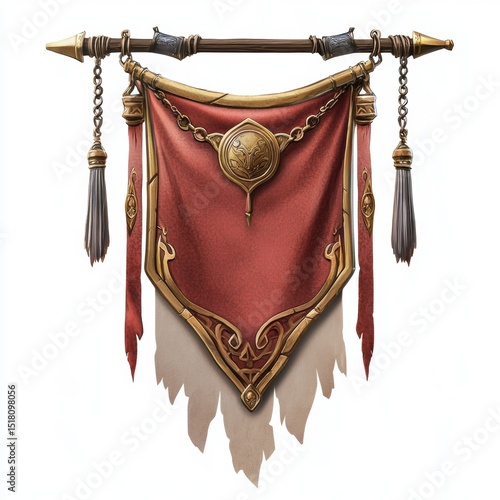A decorative red and gold banner with ornate embellishments hangs from a wooden pole, accented with tassels and chain, creating an elegant fantasy element.