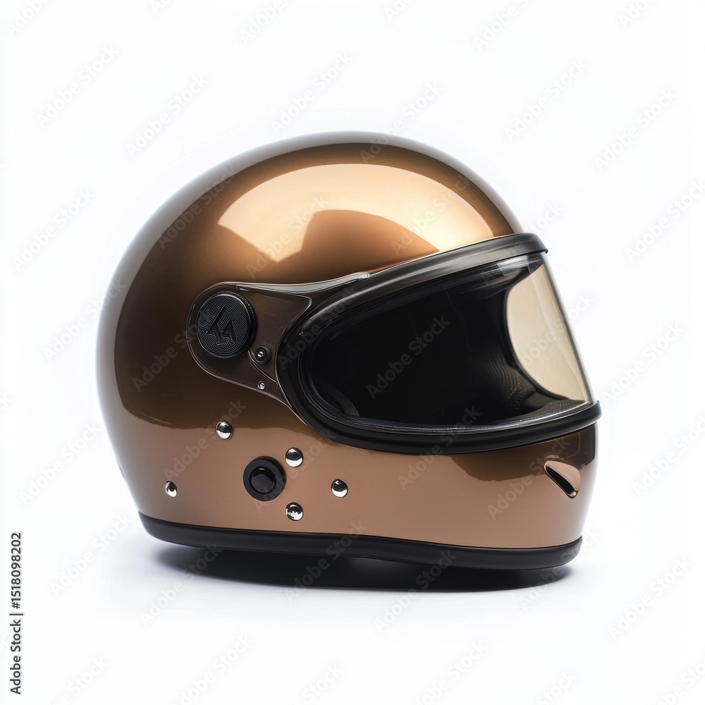 Obraz premium A shiny bronze full face motorcycle helmet with a tinted visor sits isolated on a clean white background ready for a rider seeking safety and adventure in style.