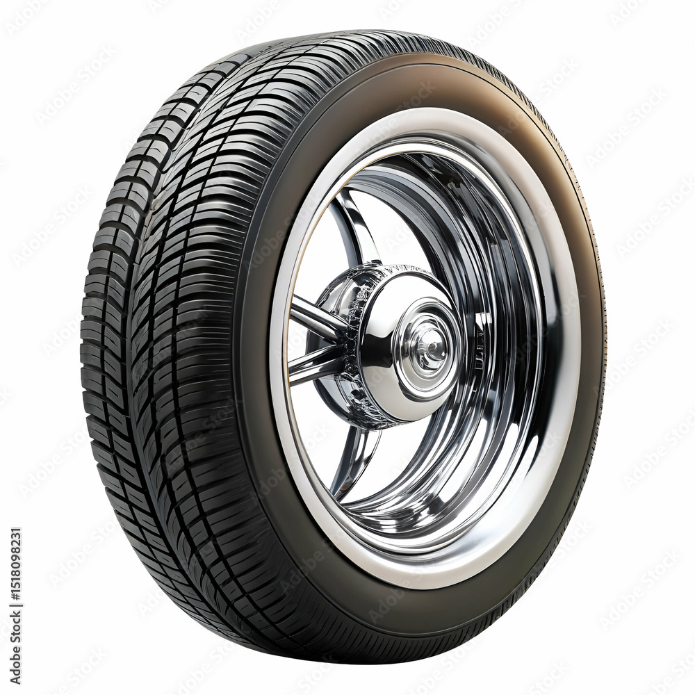 Obraz premium Detailed 3d render of a shiny chrome wheel with a car tire against a white background
