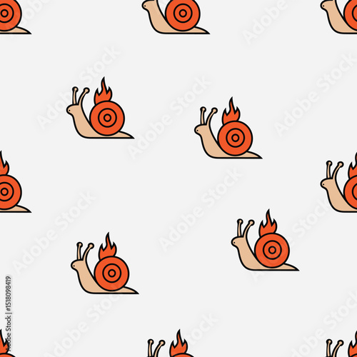 "A playful seamless pattern featuring snails with fiery shells. This whimsical design adds a fun and unique touch, making it perfect for textiles, wallpapers, or any project that seeks to bring a sens