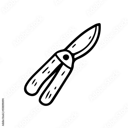 Hand-drawn vector illustration of garden shears, perfect for landscaping and tool-themed designs. Detailed and versatile line art, ideal for educational content and gardening projects.