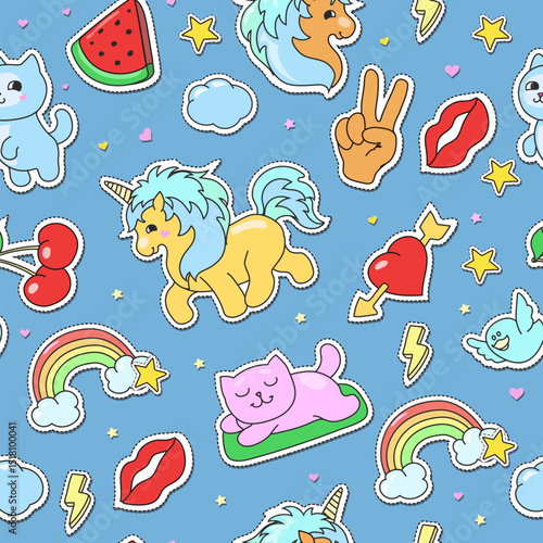 Cute Cartoon Unicorns Seamless Pattern. Unicorn And Rainbow. Can and red lips. Cherry and heart funny Kids Birthday And Baby stickers.