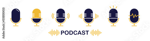 Podcast microphone. Microphone icon set vector mic icon symbol. Podcast mike, journalist microphone, karaoke.