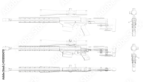A gun is shown in three different views. The gun is a sniper rifle. The gun is black and silver