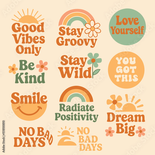 Retro pastel motivational slogan badge collection – Good vibes positive quotes vector for t-shirt, sticker and wall art