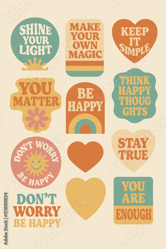 Retro pastel motivational quote badge collection – Vintage 70s style positive sticker pack for t-shirt, mental health art and printable decor