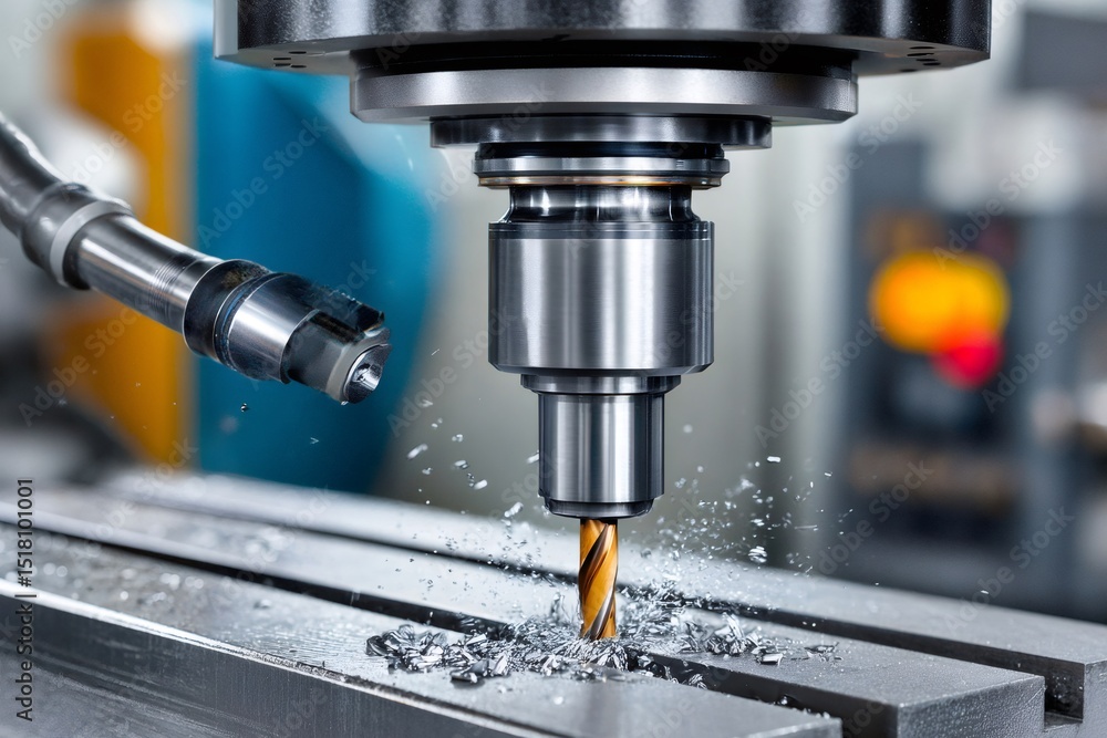 Cnc machine performing drilling operation with coolant and metal shavings Cnc machine performing drilling operation with coolant and metal shavings