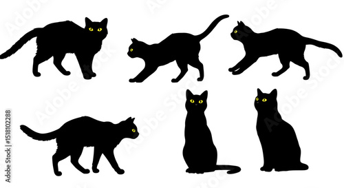 Six Black Cat Silhouettes in Various Poses with Yellow Eyes