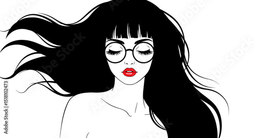 Woman with Black Hair Bangs Red Lips and Round Glasses