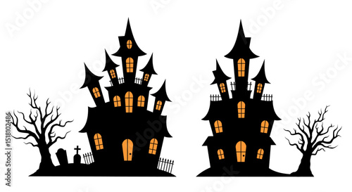 Two Spooky Haunted Houses with Bare Trees and Graveyard Elements