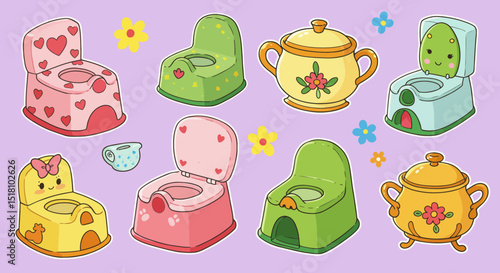 Cartoon Potty Training Seats and Decorative Pots with Flowers and Faces