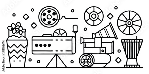 Movie projector, film reel, popcorn, and drum isolated on white background