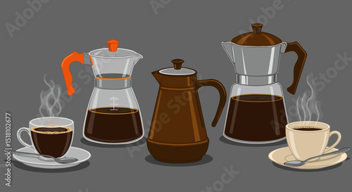 Coffee brewing Three coffee pots and two cups of coffee