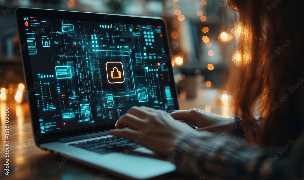 Woman Working on Laptop with Cybersecurity Interface Woman Working on Laptop with Cybersecurity Interface