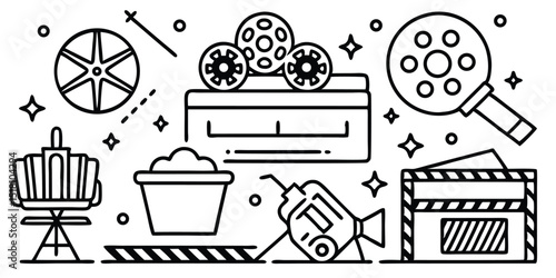 Movie making equipment isolated on white background in line art style