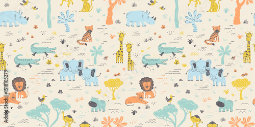 Safari Animal Parade Colorful Vector Seamless