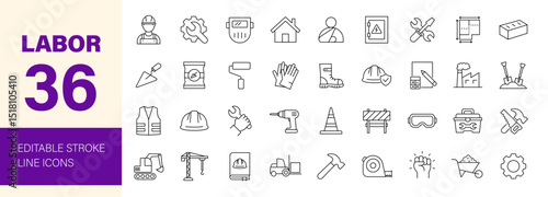 Labor icon set. Containing construction, labour day, renovation, repair, engineer, gear, builder, labour, helmet, crane, brick and more. Editable line icons. Vector illustration.