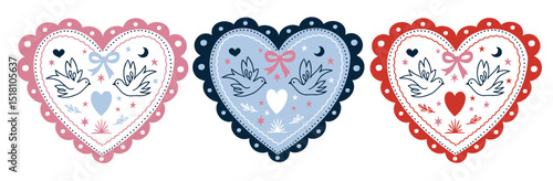 SET OF CUTE MEXICAN SACRED HEART. TRADITIONAL MEXICAN HEARTS FOR DIA DE LOS MUERTOS. COLORED TRENDY VECTOR ILLUSTRATIONS