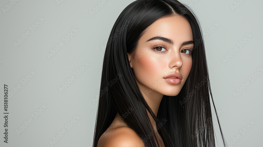Young Brunette Woman with Long Straight Hair and Radiant Glow Makeup, Studio Beauty Portrait Looking at Camera, Skincare and Haircare Concept. Young Brunette Woman with Long Straight Hair and Radiant Glow Makeup, Studio Beauty Portrait Looking at Camera, Skincare and Haircare Concept.