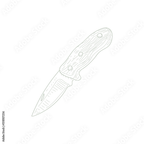 A knife is shown in a black and white drawing. The knife is sharp and has a wooden handle. The knife is not in use and is laying on a white background