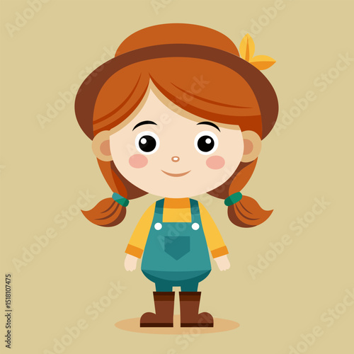 Adorable Cartoon Girl Farmer. Happy Child in Overalls and Hat