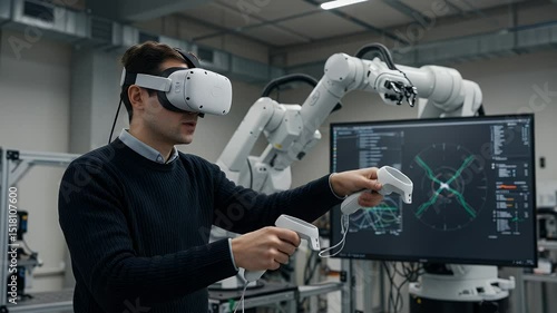 VR training with industrial robots.  A young man uses virtual reality headsets and controllers to interact with robotic arms in a modern industrial setting