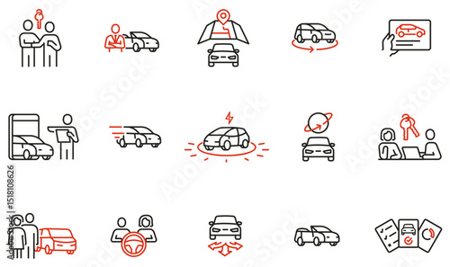 Vector Set of Linear Icons for use Car Rental Websites, Apps, Infographics Car-sharing Platforms, Auto Services and Print Materials related to Car Dealerships