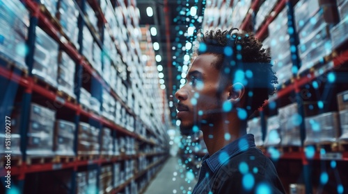 Image of financial data processing over biracial man working in warehouse. Global shipping, finance, business, connections, computing and data processing concept digitally generated image
