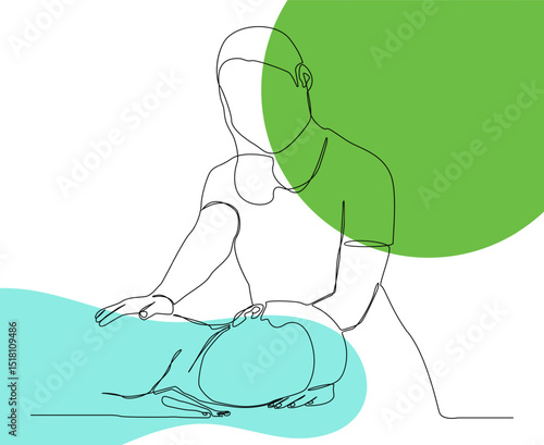 minimalist continuous single line depicting a massage or physical therapy session. touches of green and blue are soothing for health and healing.