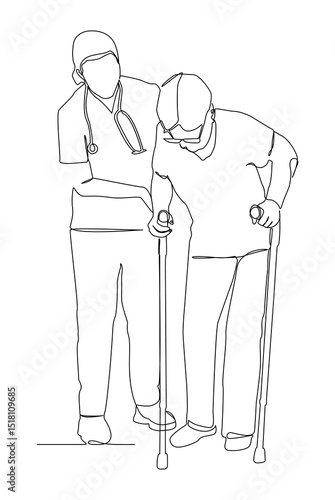 Minimalist single line drawing of a nurse or caregiver helping an elderly patient walk with a cane. healthcare, elderly care, rehabilitation etc.
