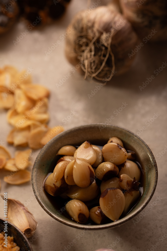 Garlic bulb with cloves and garlic chips Garlic bulb with cloves and garlic chips