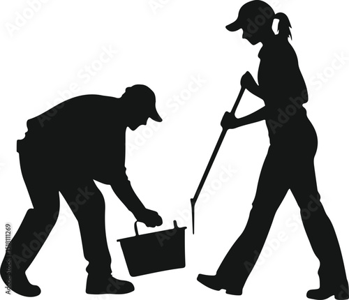 Silhouettes of workers using tools and carrying bucket black vector illustration for labor cleaning and maintenance themed designs
