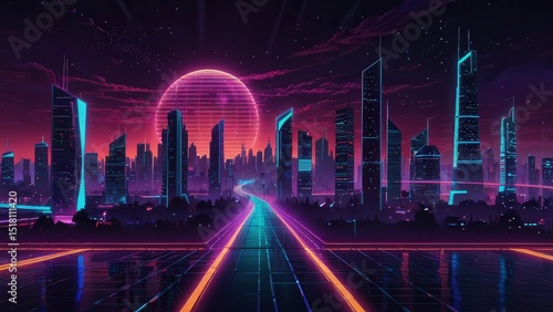 Vaporwave City Skyline with Digital Sun and Glowing Skyscrapers and Highways