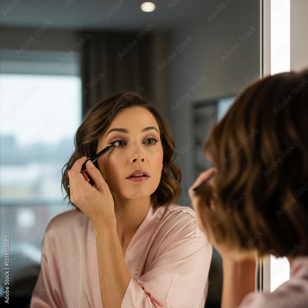 A woman applies eyeliner in the mirror, completing her beauty routine. Her focused expression shows dedication to her morning or evening preparation. A woman applies eyeliner in the mirror, completing her beauty routine. Her focused expression shows dedication to her morning or evening preparation.