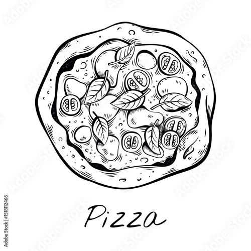 Classic margherita pizza with mozzarella and fresh basil. Traditional Italian flatbread topped with tomato and herbs. Thincrust gourmet meal for menu design.
