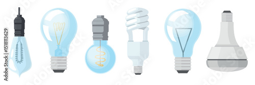 Set of light bulbs, lighting devices in cartoon style. Vector illustration of modern light bulbs of different shapes and sizes: fluorescent, LED isolated on white background. Energy-saving lamps.