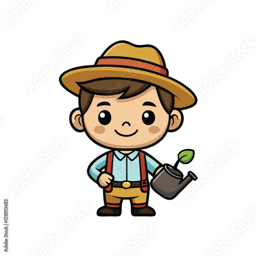 tiny framer boy cartoon with straw hat holding vector illustration