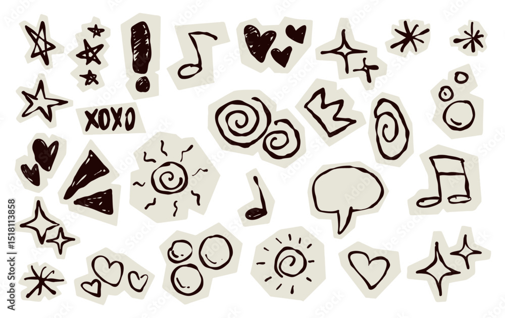 Fototapeta premium Scrapbook doodle set. Collection of sketch handdrawn scribble heart, star, mark, sign for journal. Chalk or ink craft paper cutout for scrapbook dairy