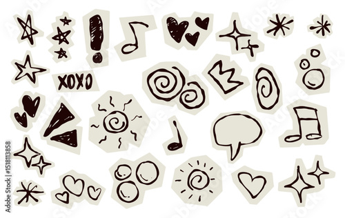 Scrapbook doodle set. Collection of sketch handdrawn scribble heart, star, mark, sign for journal. Chalk or ink craft paper cutout for scrapbook dairy