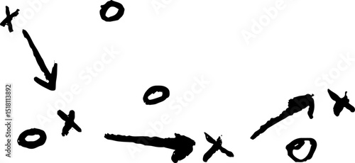 Game plan for team sport with tactical moves. Arrows and hand-drawn player setup in motion.