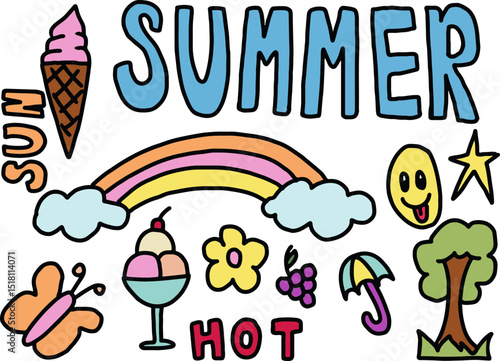 Cute hand drawn illustrations of rainbow, ice cream cone, sundae ice cream, butterfly, umbrella, grape, tree for sweet dessert, summer break, cartoon, characters, sticker, decoration, hot weather