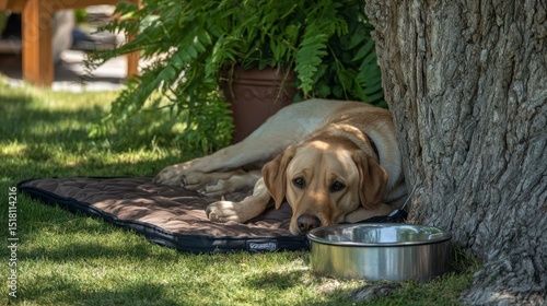 Dog resting under a shady tree with cooling mat, water bowl. Calm dog resting on patterned mat next to water bowl under tree, outdoor background. Concept of pet care and relaxation
