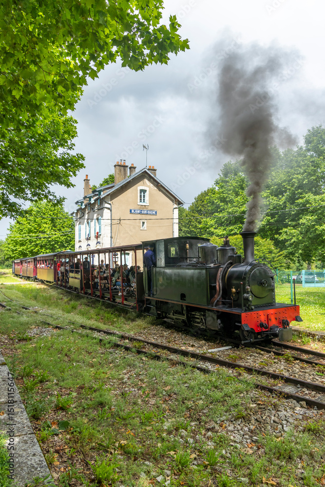 Obraz premium Steam train leaving Bligny sur Ouche station in Bourgogne Franche Comte, France