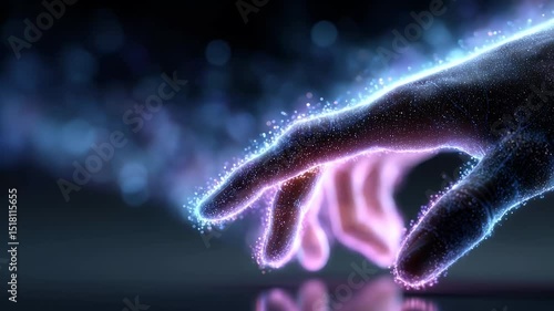 Glowing hand reaching out in a cosmic environment, with vibrant energy particles floating around