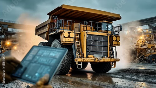 Heavy-duty mining truck operating in a quarry, with a worker using a tablet to monitor performance